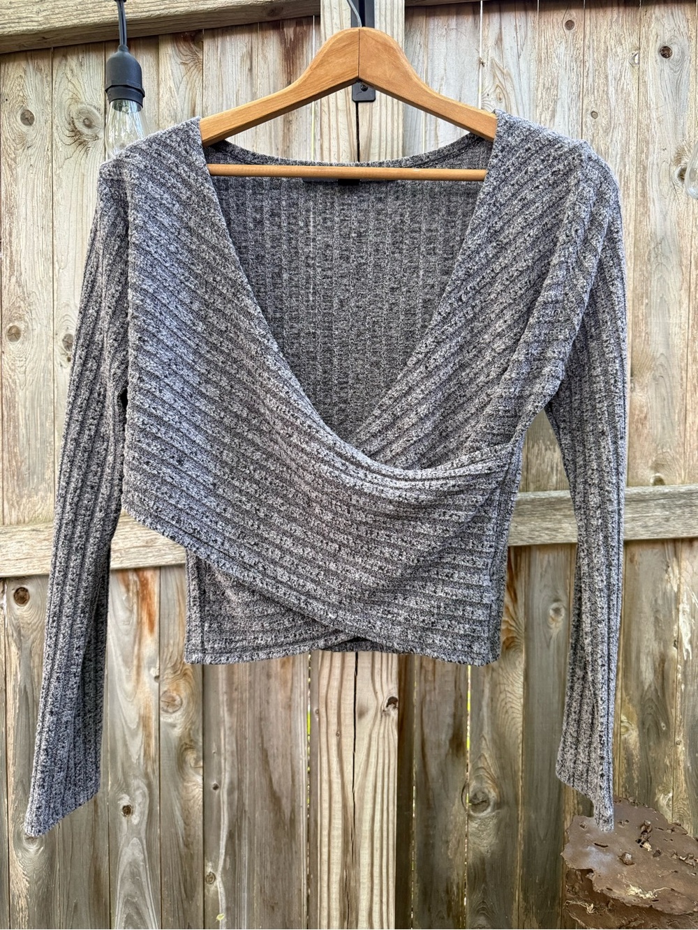 HYFVE Gray Ribbed Faux Wrap Crop Top Balletcore Athleisure Casual Relaxed